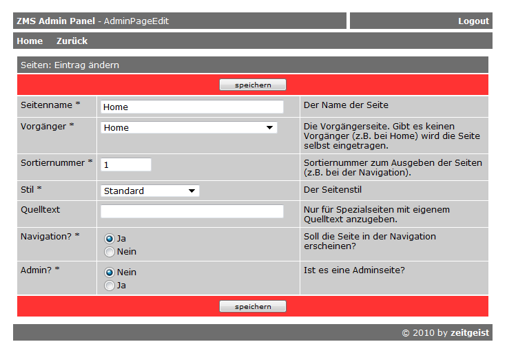 Die erste Page: Home