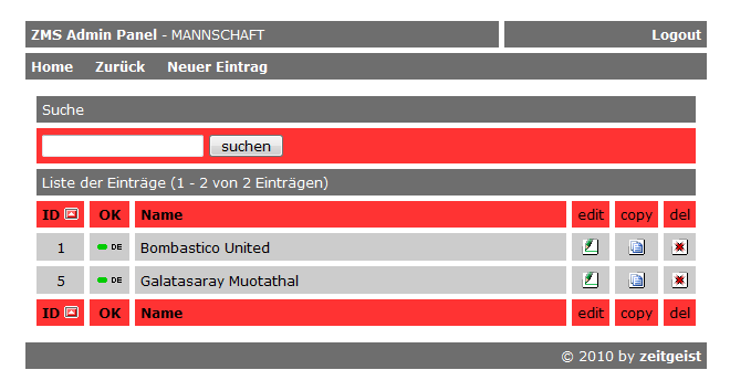 Variante 1: Liste der Mannschaften