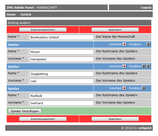 Variante 1: Editieren einer Mannschaft/Spieler