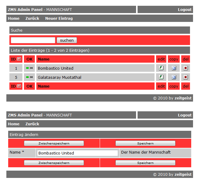 Variante 2: Liste und Edit für die Mannschaften