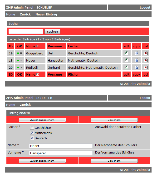 Variante 3: Edit der Schüler mit Fächer-Checkboxen